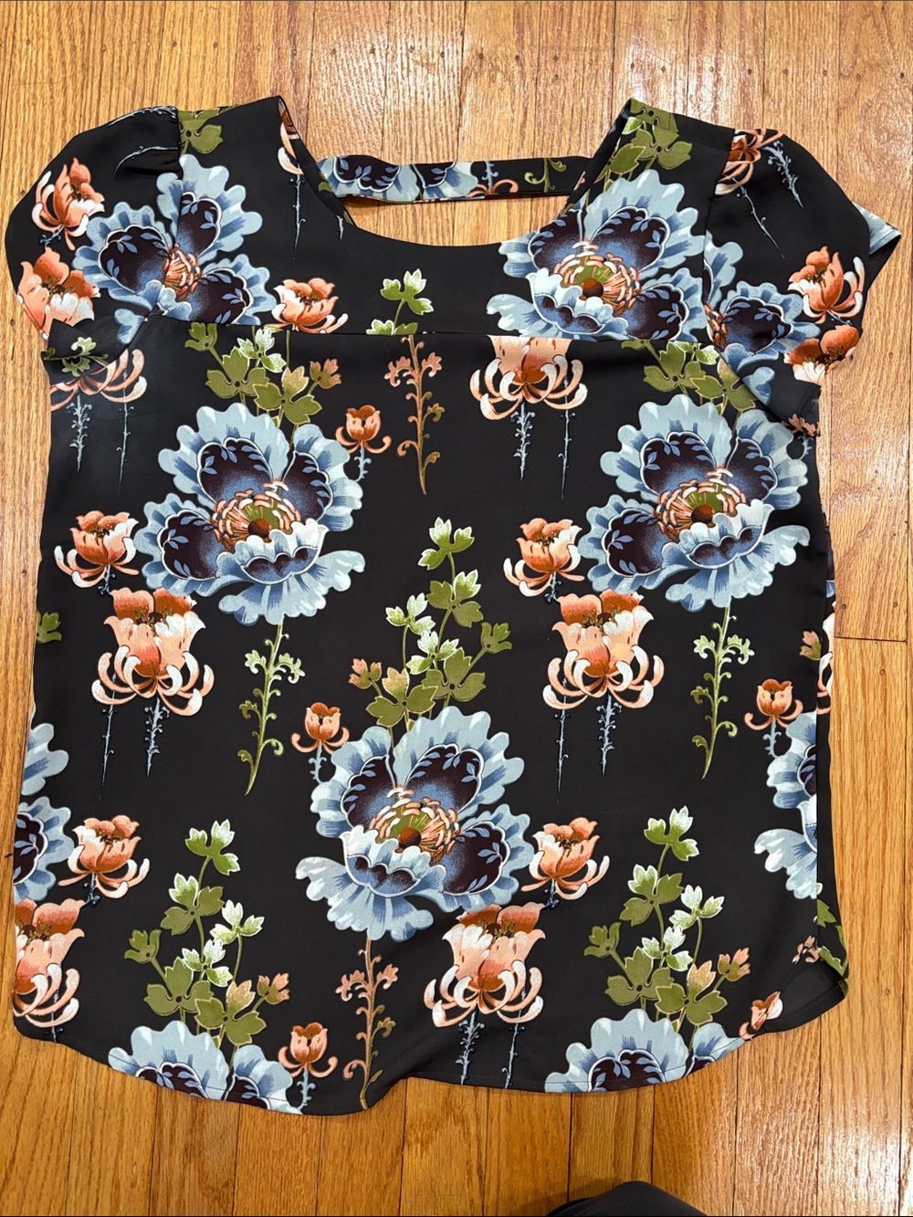 LOFT Black Floral Short Sleeve Blouse with Blue and Green Accents